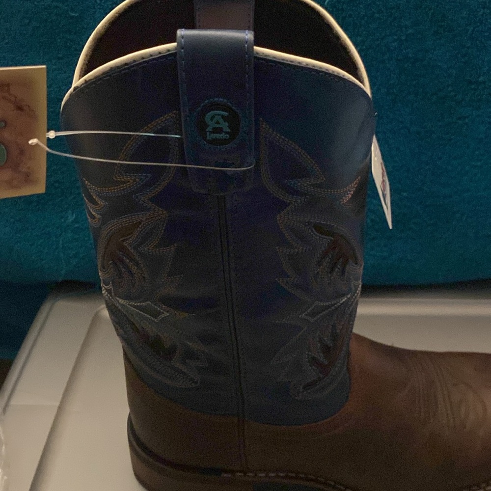 LAREDO MEN'S RUST SHLDR PRT/Navy BS BLUE LEATHER COWBOY BOOTS 7459 - Picture 11 of 17